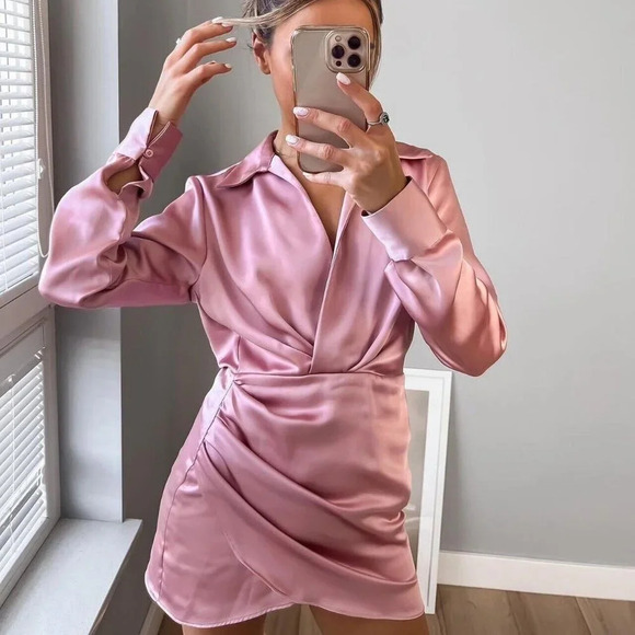 Zara Satin Effect Long Sleeve Mini Dress Light Pink Size XS Blogger Fav - Picture 1 of 13